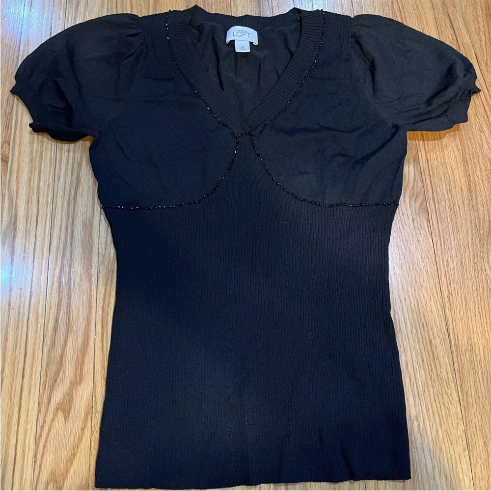 The Loft Ann Taylor Black  Elegant Beaded V Neck Short Sleeve Top Size M stretch